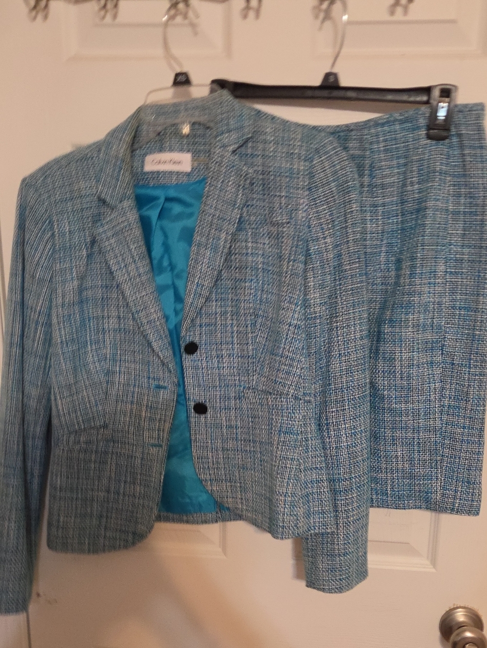 Calvin Klein Teal & Light Blue Tweed Blazer and Skirt Set Vintage